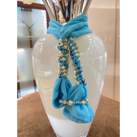 Paviglioni Jewels blue satin scarf with pearls and rhinestones | FOUL-P