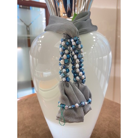 Padiglioni Jewels sciarpetta in raso grigio con perle e strass| FOUL-P1